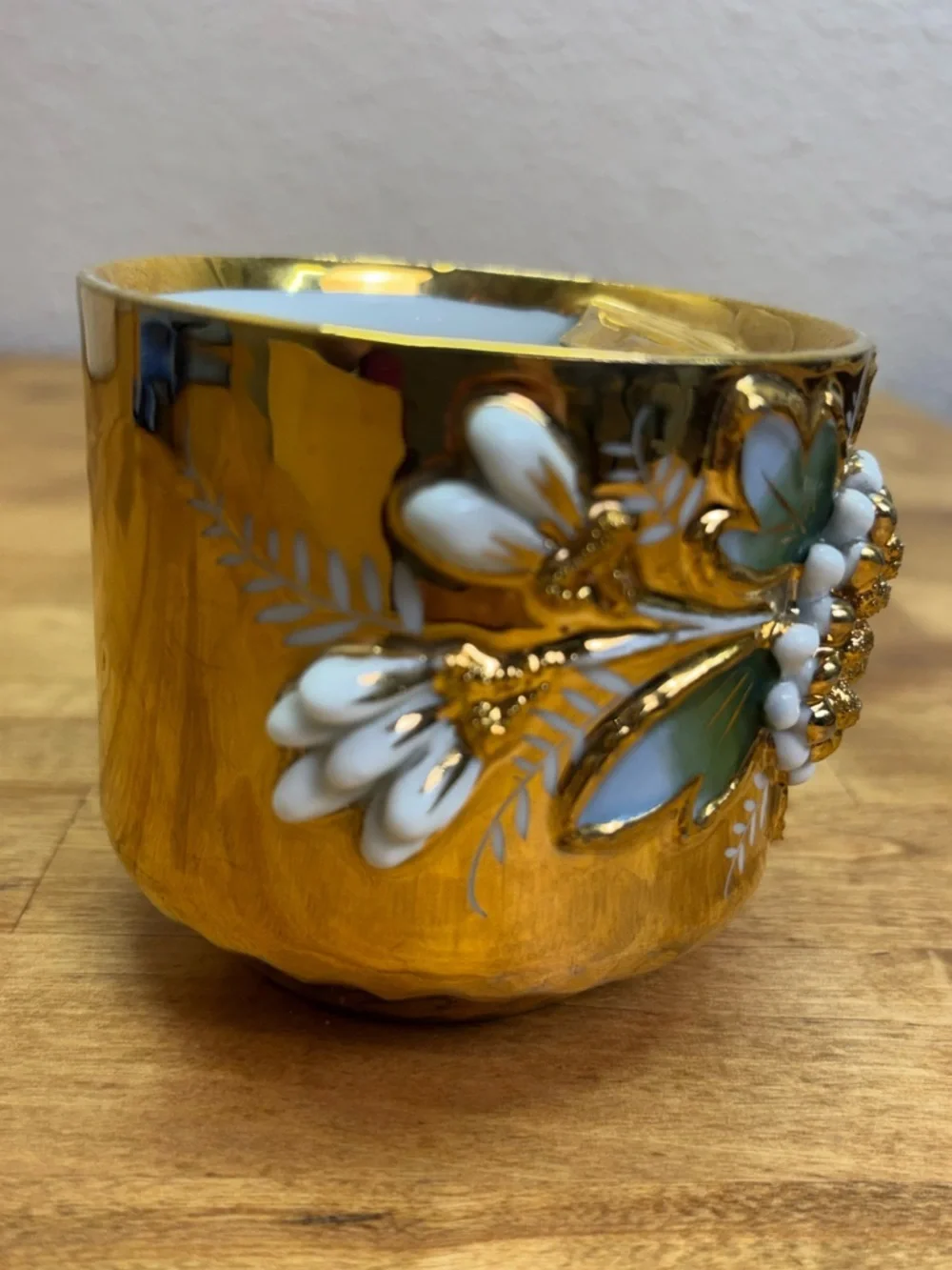Antique German Gold Luster Mustache Cup & Tea Cup Set 3D Applied Flower 1890s